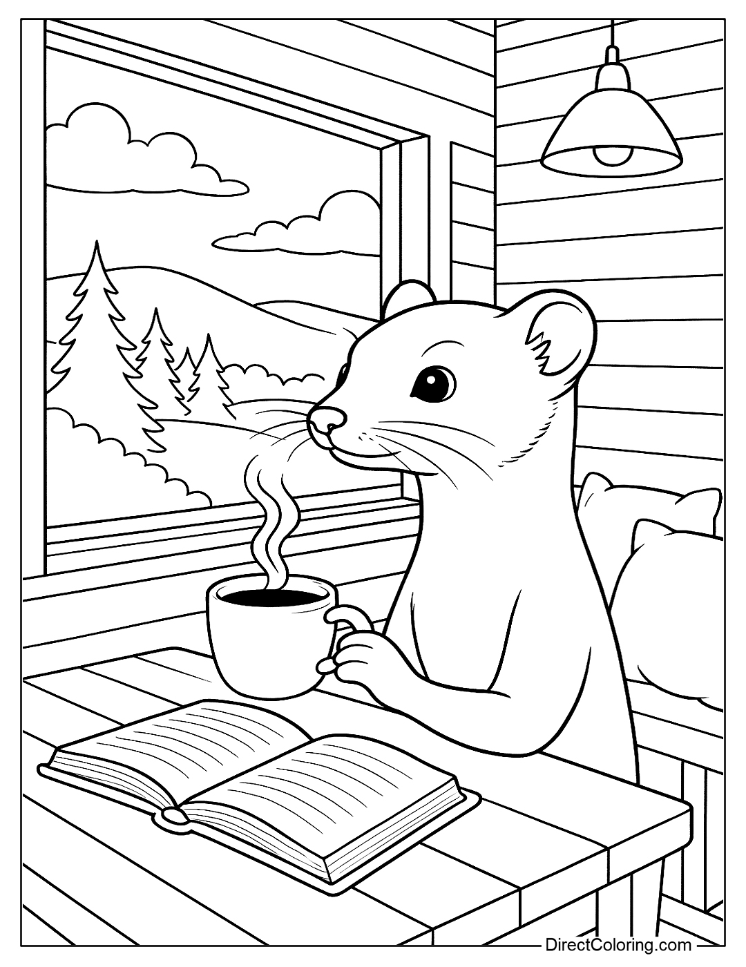 A cute weasel sits in a wooden cafe coloring page